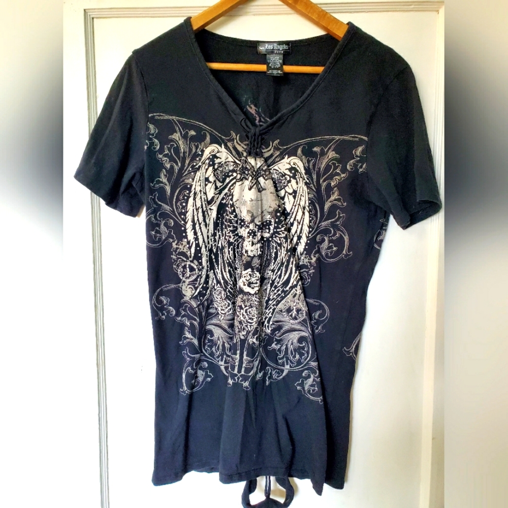 ☠💋From Los Angeles By Bus Stop Gorgeous Rhinestone Skull Top🖤💋